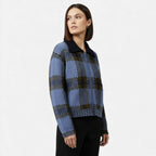 Chaqueta de punto con cremallera para mujer, de cuadros, con cuello vuelto