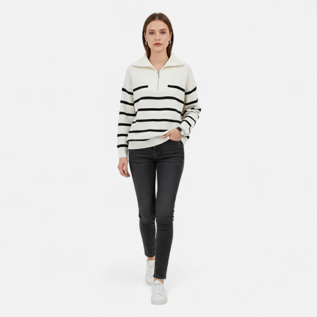 Suéter polo de rayas para mujer – Herencia otoñal refinada