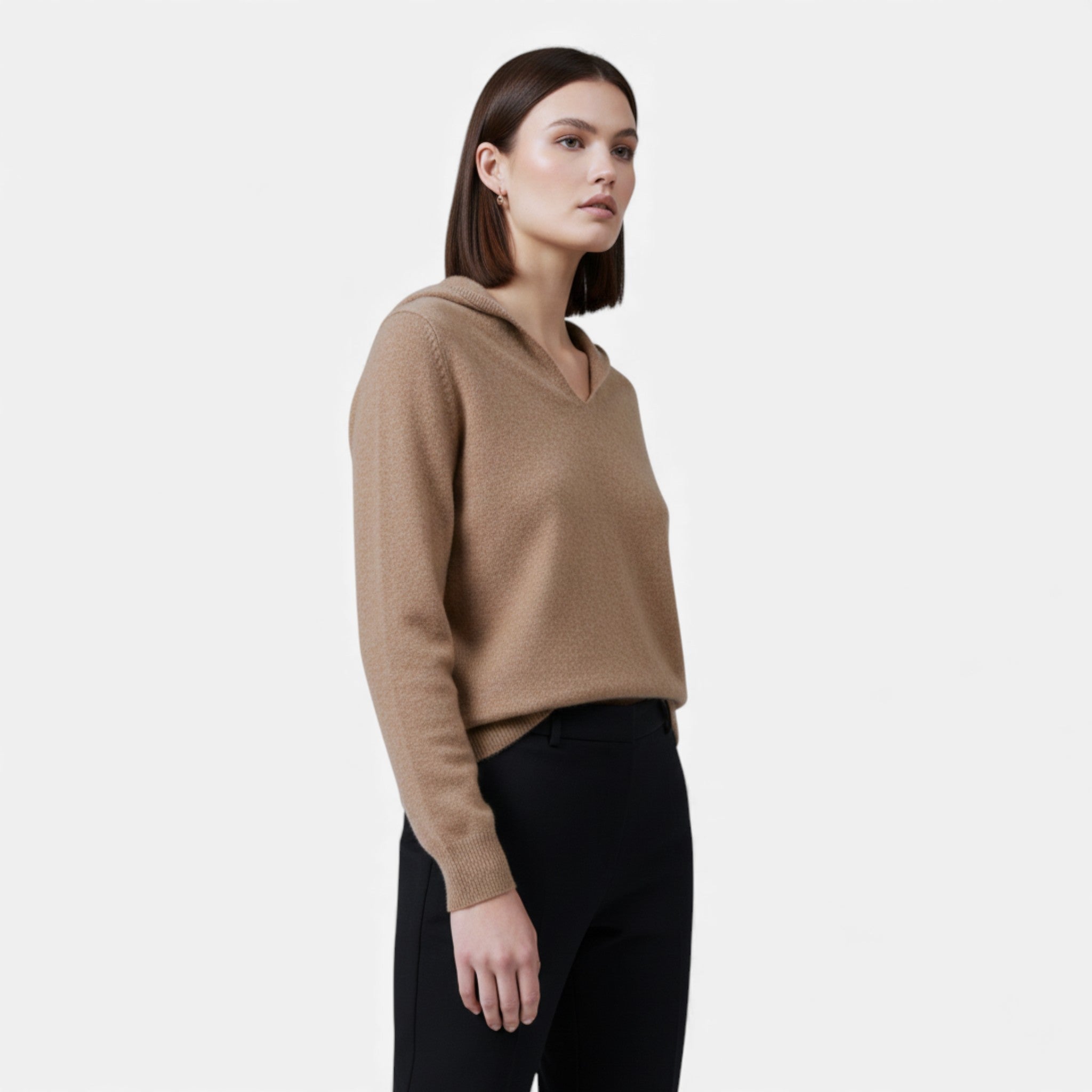 Sudadera con capucha de lana suelta para mujer con cuello en V y tejido de punto