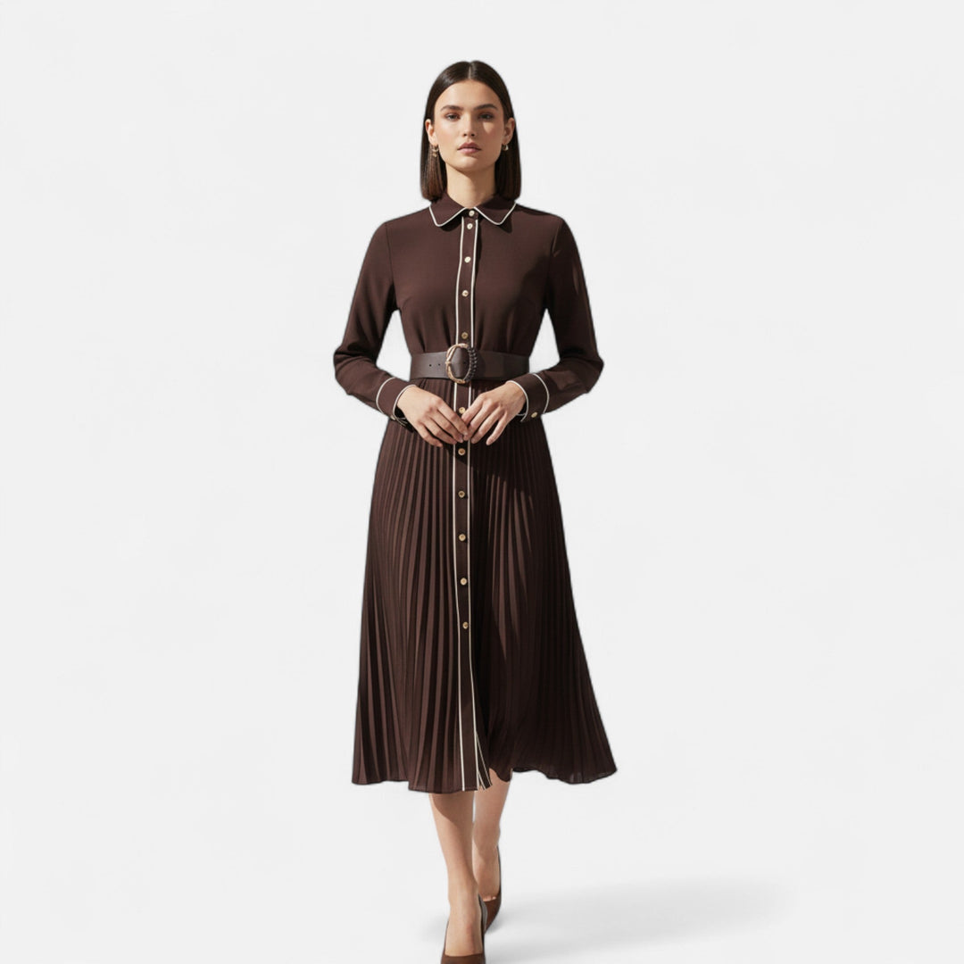 Vestido midi de gasa para mujer con mangas largas y cuello vuelto