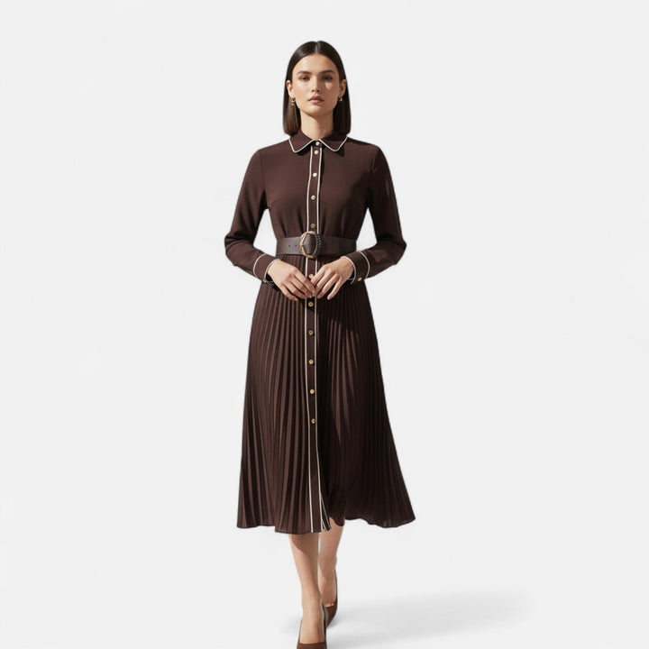 Vestido midi de gasa para mujer con mangas largas y cuello vuelto