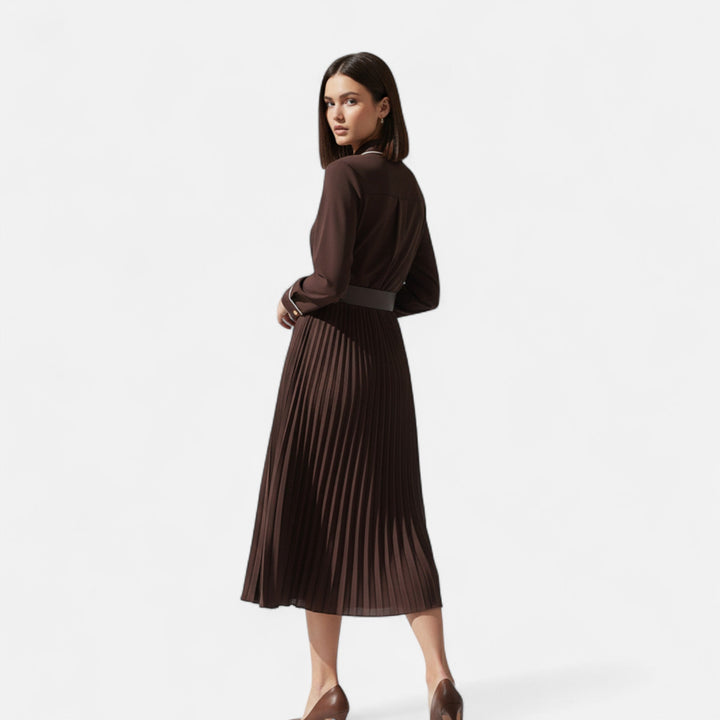 Vestido midi de gasa para mujer con mangas largas y cuello vuelto