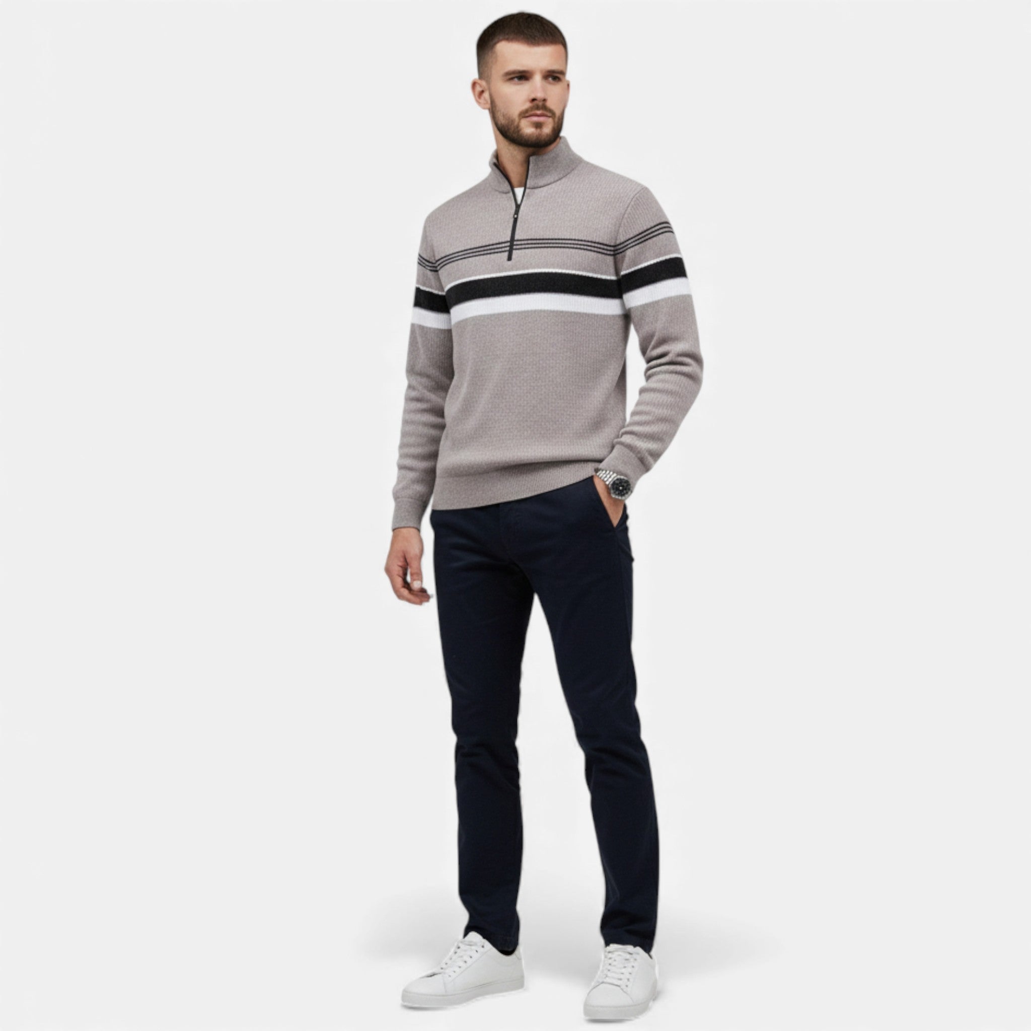Maglione da uomo spesso a righe con mezza cerniera a maglia