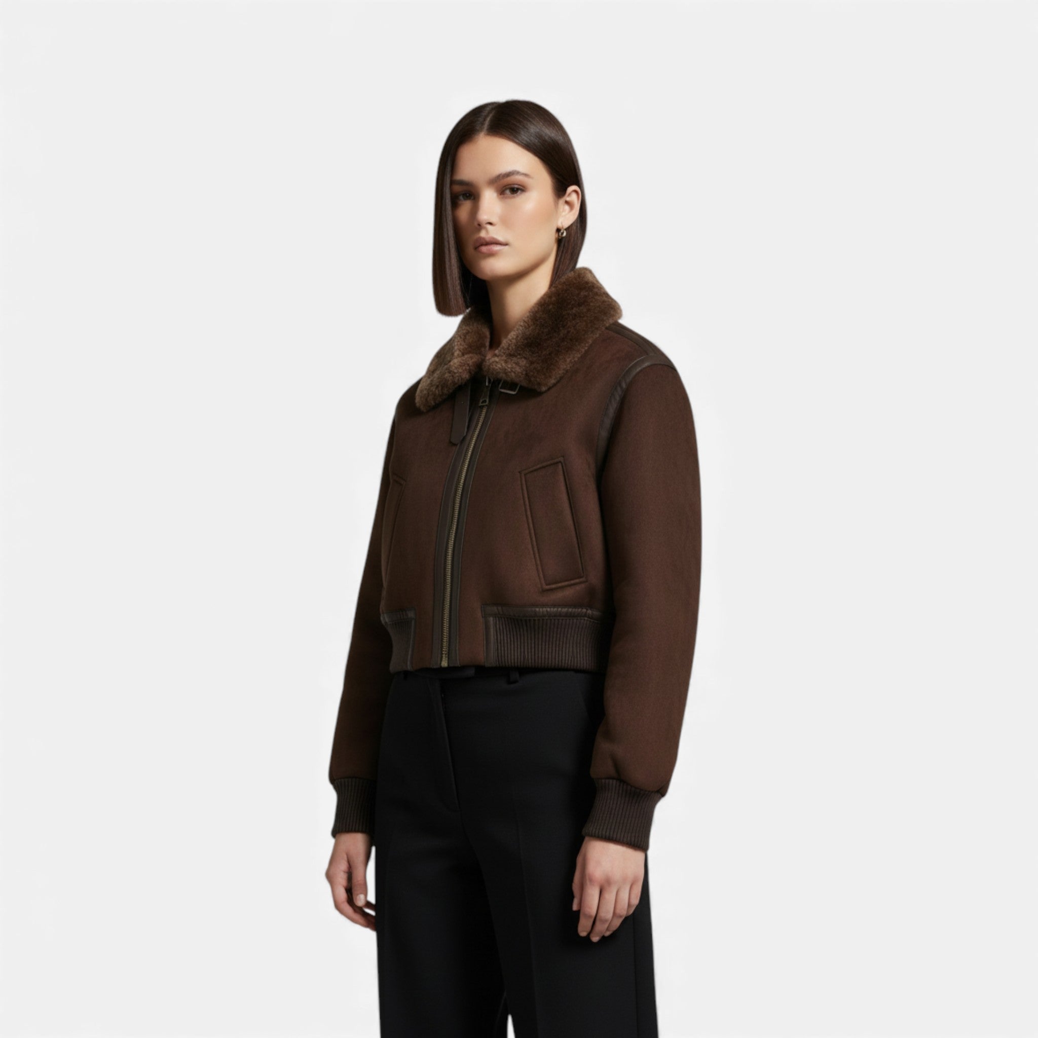 Chaqueta bomber marrón para mujer, con ribete de piel sintética de lujo