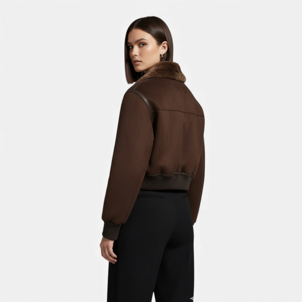 Chaqueta bomber marrón para mujer, con ribete de piel sintética de lujo