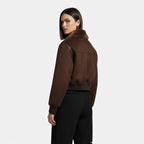 Chaqueta bomber marrón para mujer, con ribete de piel sintética de lujo
