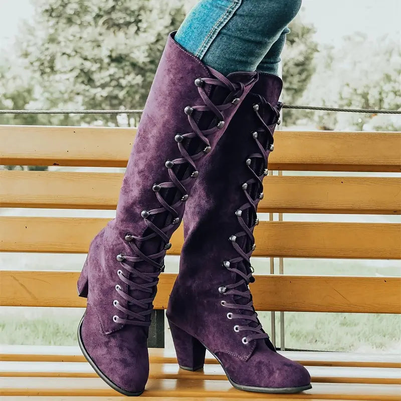 Women’s Exquisite Lace-Up Block Knee-High Boots