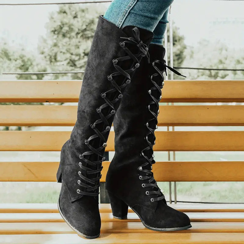 Women’s Exquisite Lace-Up Block Knee-High Boots