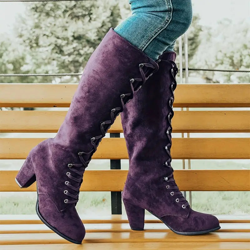 Women’s Exquisite Lace-Up Block Knee-High Boots