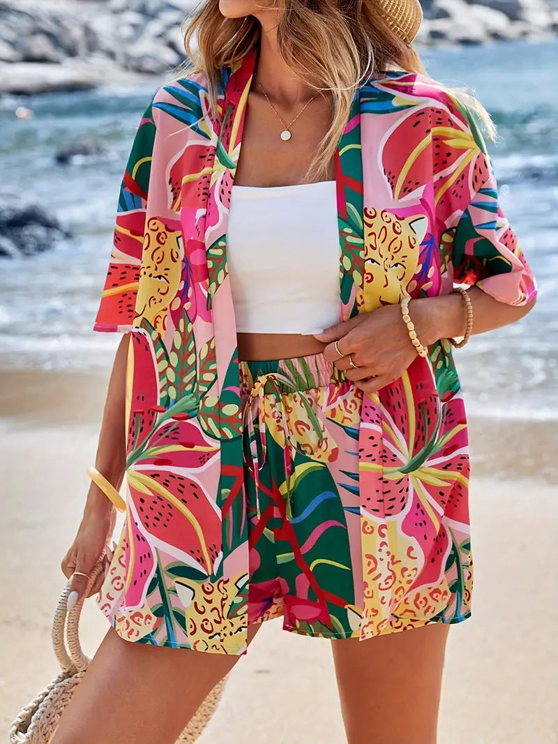 Conjunto de Kimono Floral con Cárdigan y Shorts