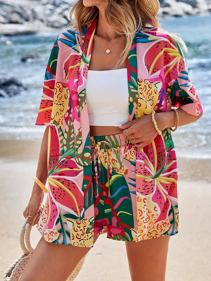 Conjunto de Kimono Floral con Cárdigan y Shorts