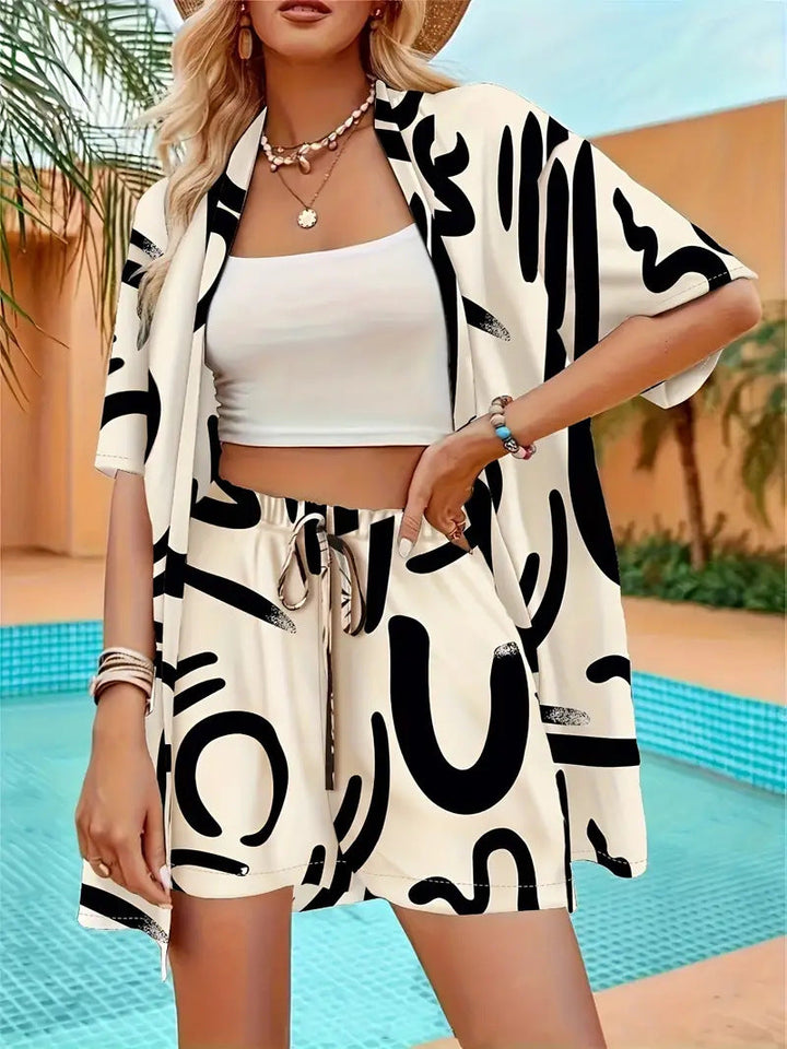 Conjunto de Kimono Floral con Cárdigan y Shorts
