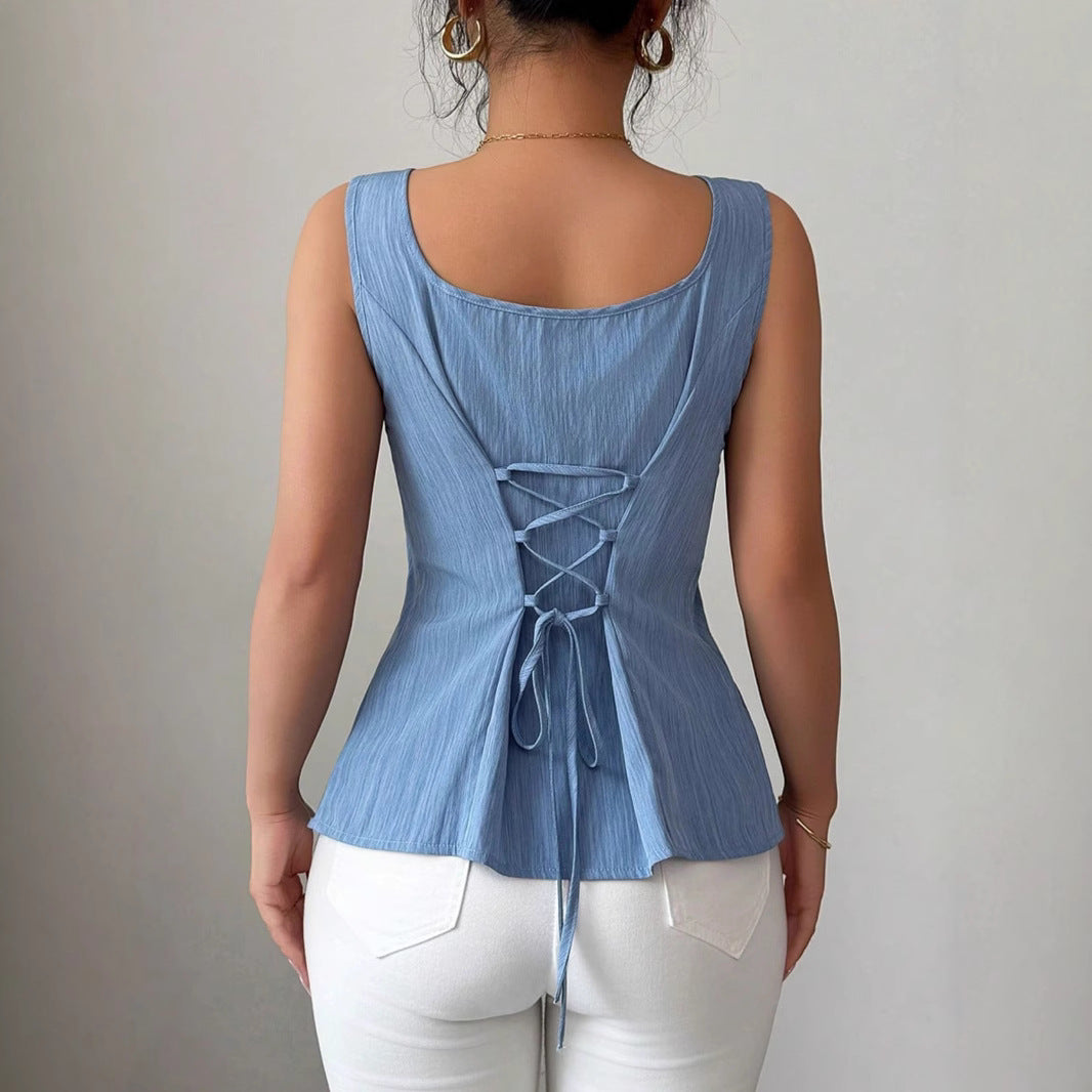 Top peplum sin mangas de mujer a la moda con escote cuadrado para temporada