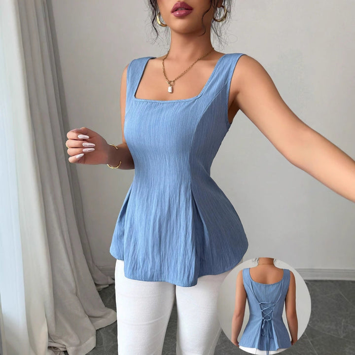 Top peplum sin mangas de mujer a la moda con escote cuadrado para temporada