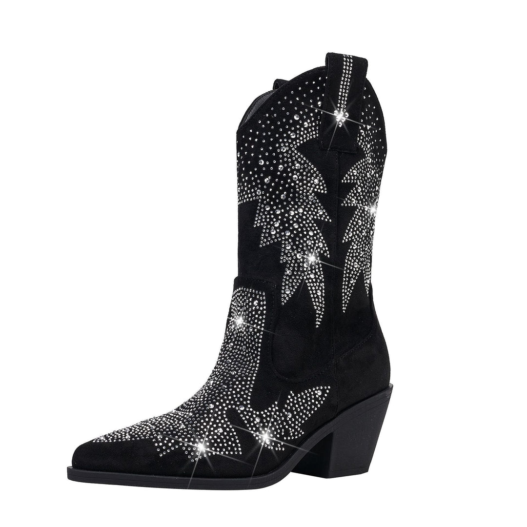 Versatile Glamorous Rhinestone Mid Calf Cowboy Boots for Women