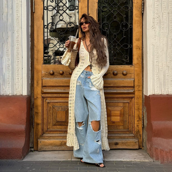 Cardigan largo de mujer con tejido calado y estilo a la moda acampanado