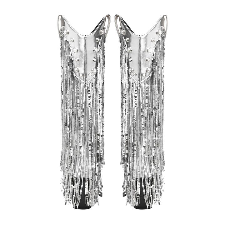 Stivali da cowboy western classici con frange e altezza al ginocchio per donna, stile di transizione