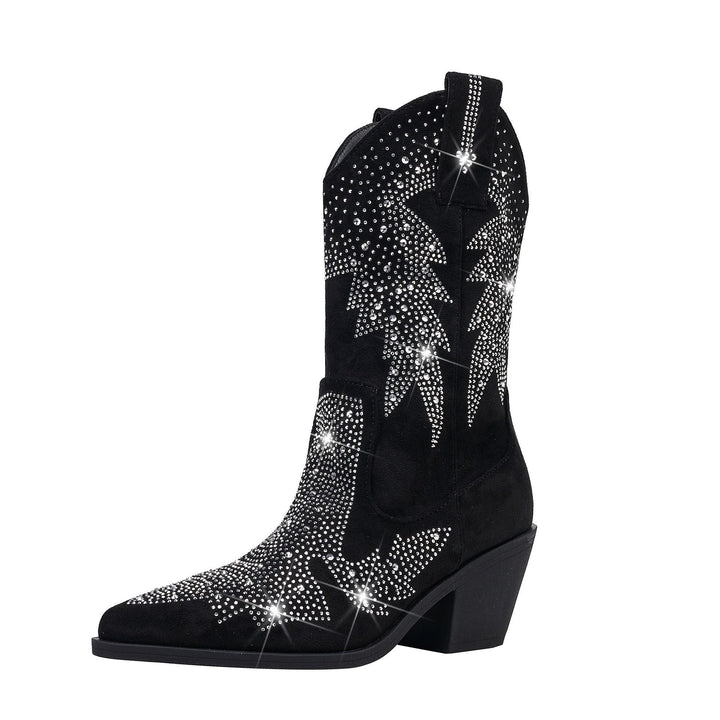 Versatile Glamorous Rhinestone Mid Calf Cowboy Boots for Women