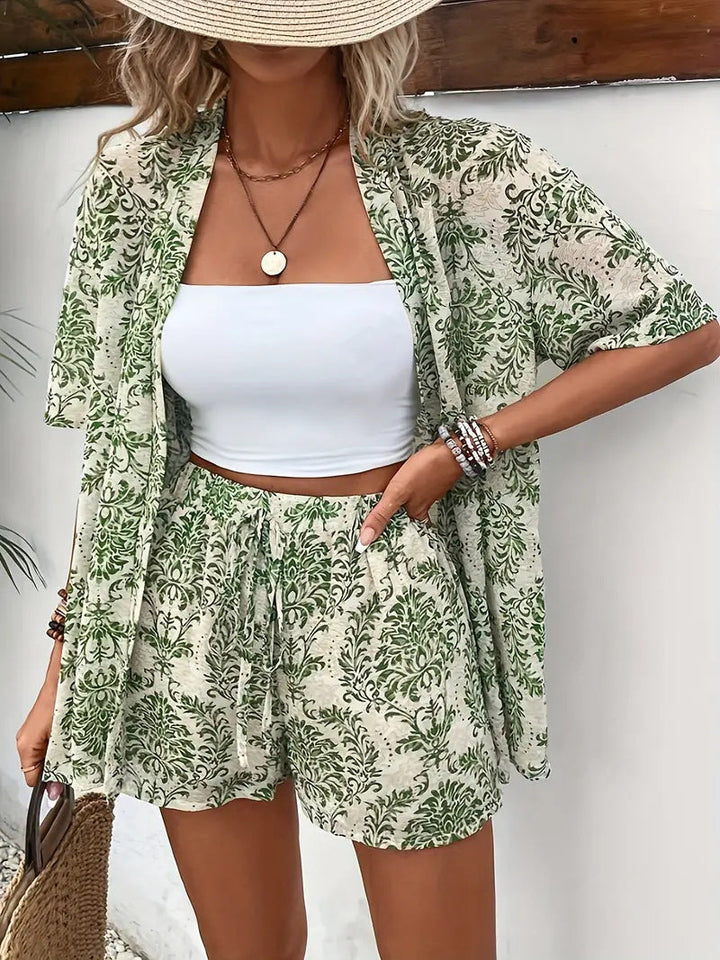 Conjunto de Kimono Floral con Cárdigan y Shorts