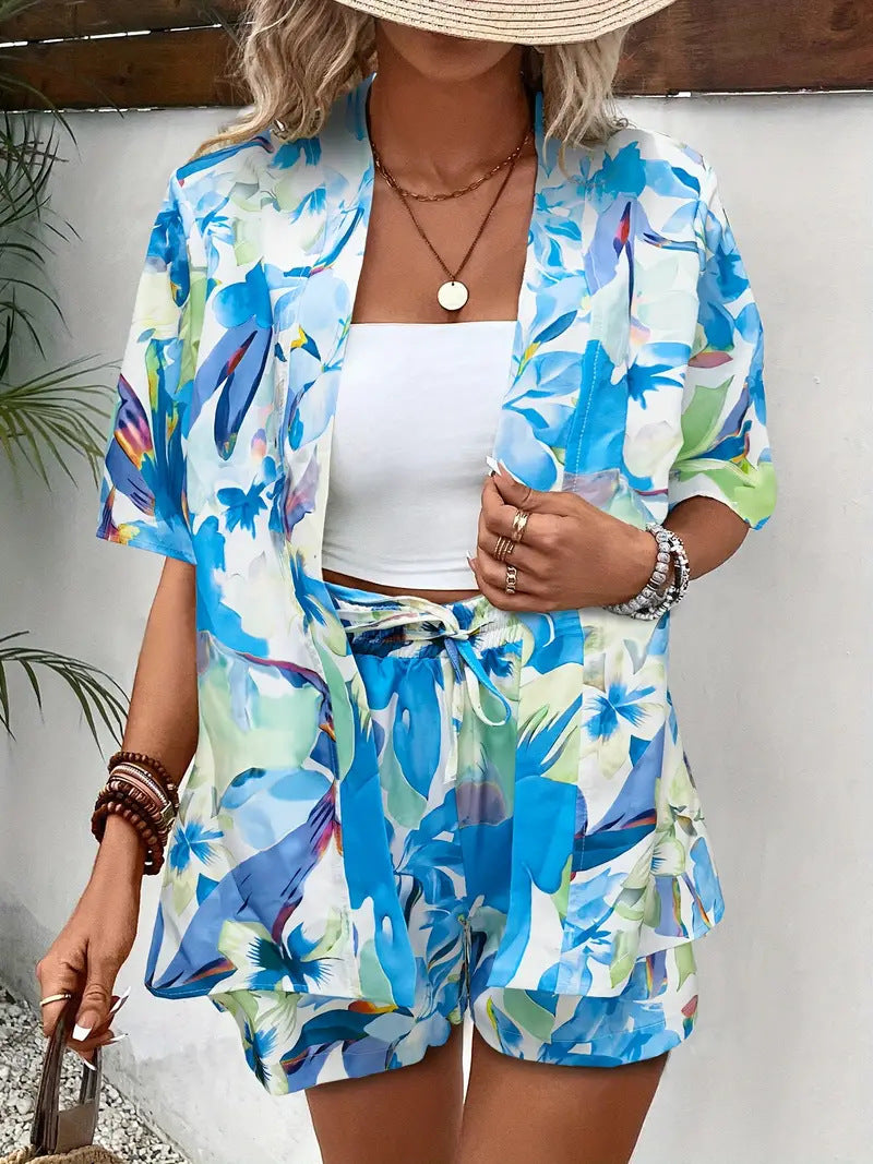 Conjunto de Kimono Floral con Cárdigan y Shorts