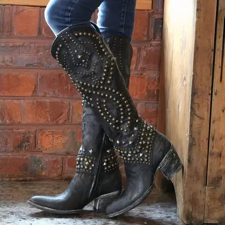 Women's Thick Edgy High Knee High Boots with Side Zipper and Rivet Detail