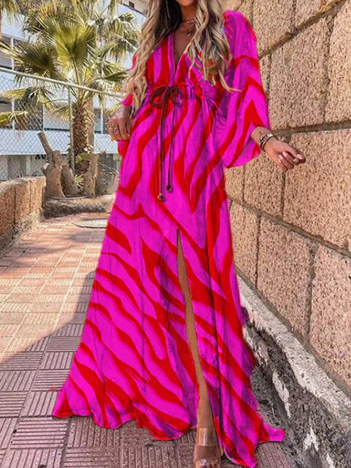 Vestido largo para mujer con estampado gráfico colorido, escote en V y mangas largas