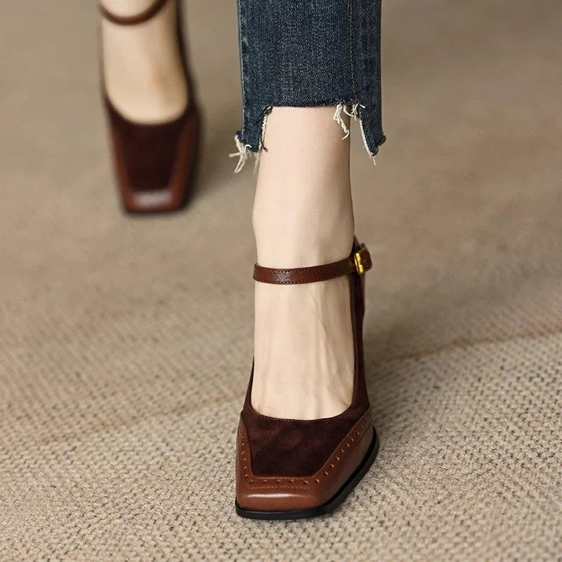 Square Toe Brogue Heel Pumps