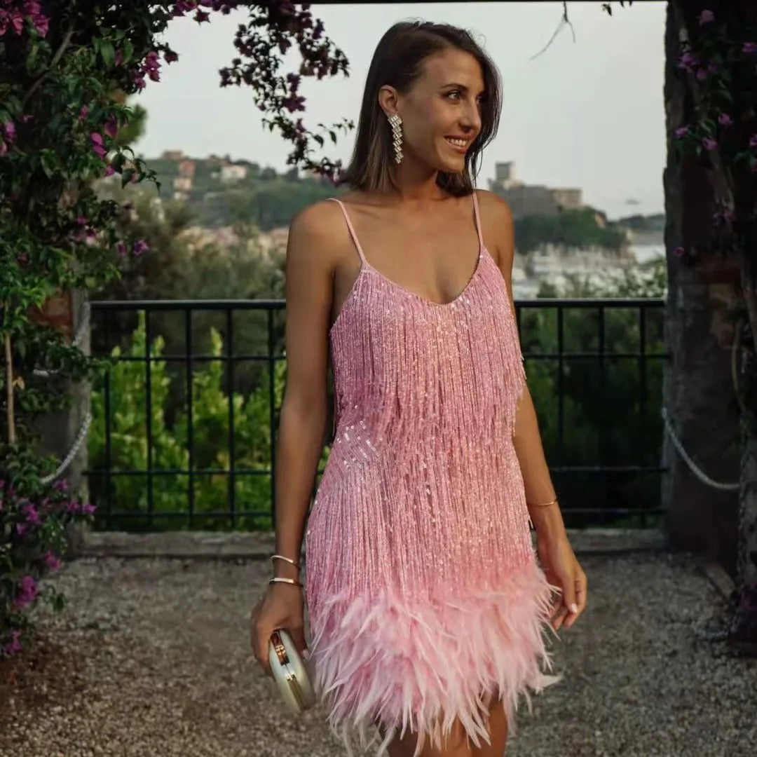 Women’s Captivating Elegance Cocktail Dress with Sequin and Fringe Feathers