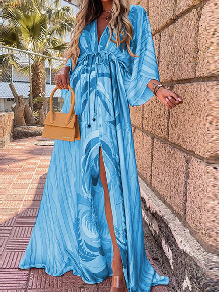 Vestido largo para mujer con estampado gráfico colorido, escote en V y mangas largas