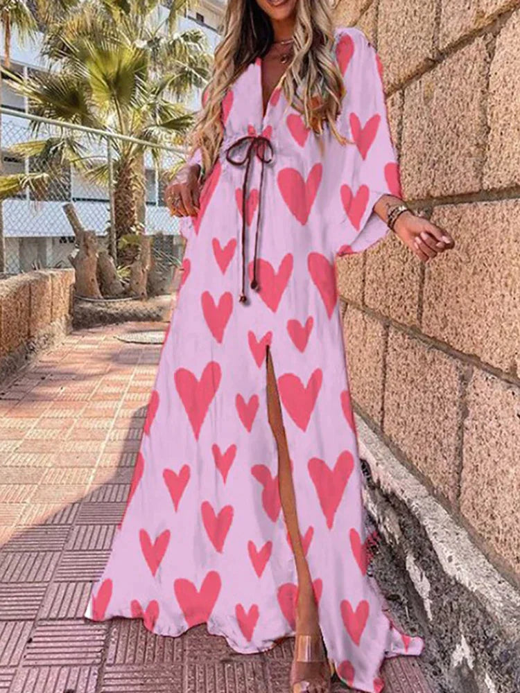 Vestido largo para mujer con estampado gráfico colorido, escote en V y mangas largas