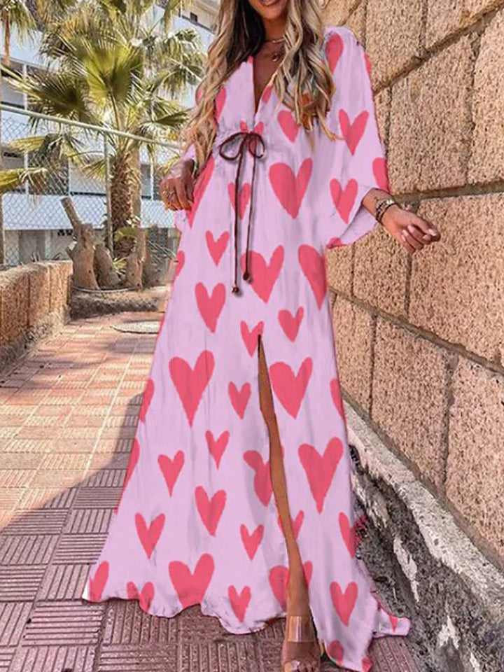 Vestido largo para mujer con estampado gráfico colorido, escote en V y mangas largas