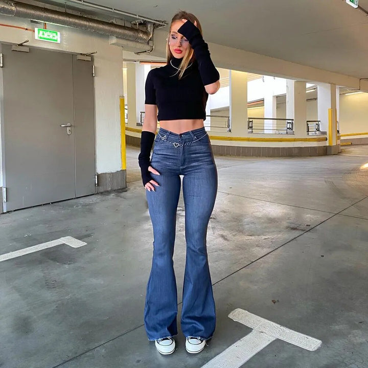 Jeans versátiles de mujer de mezclilla azul de tiro alto para todas las estaciones y acampanados