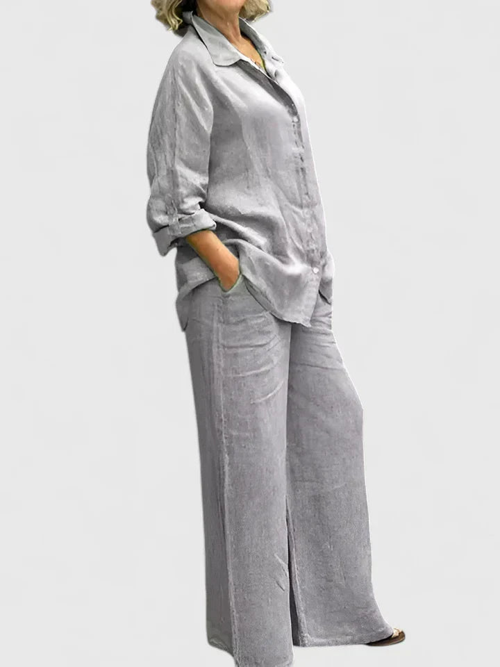 Button-Down Shirt and Wide-Leg Pants Set
