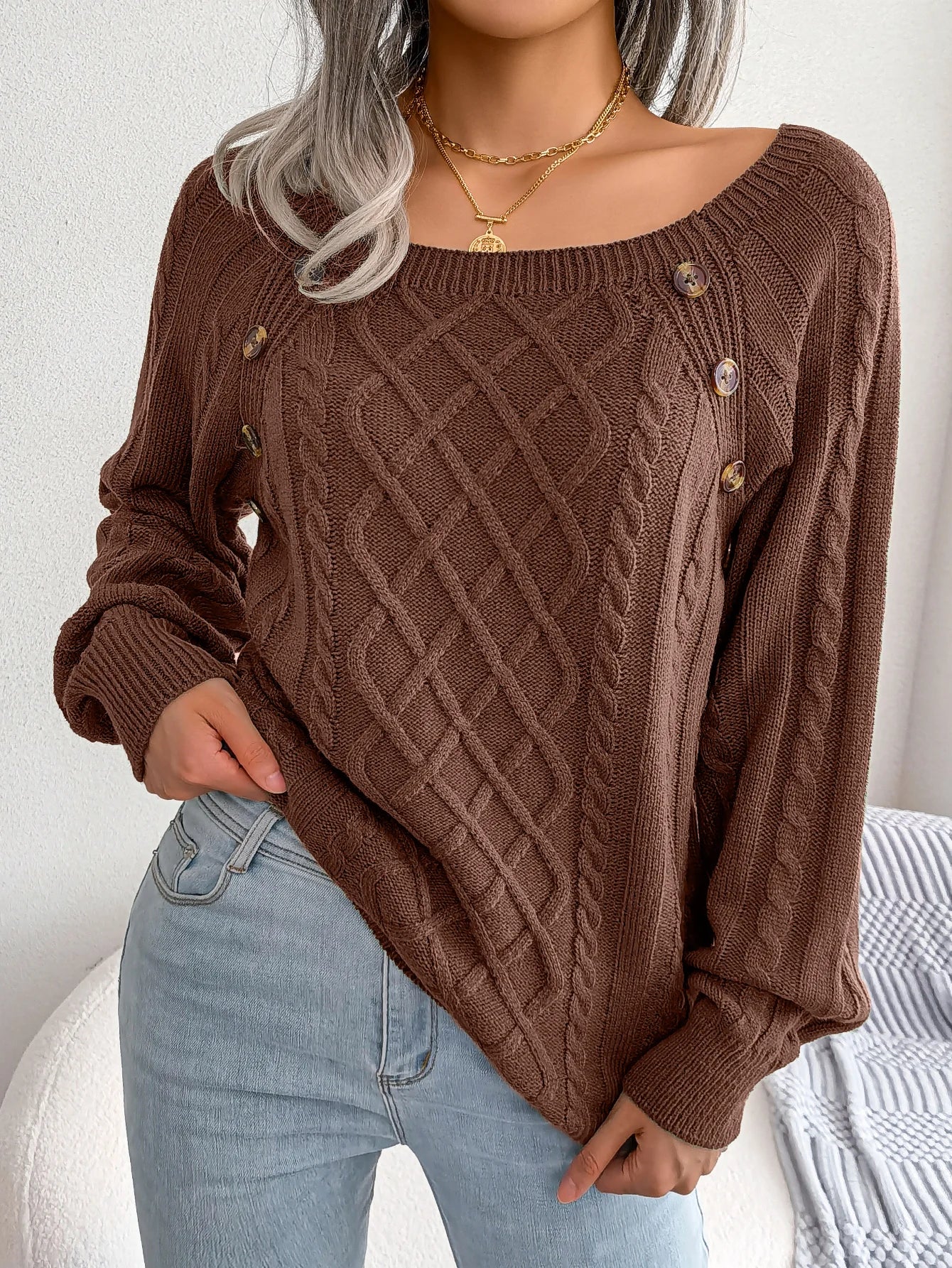 Women's Square Collar Button Detail Knit Pullover