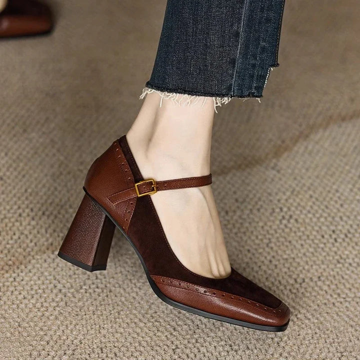Square Toe Brogue Heel Pumps