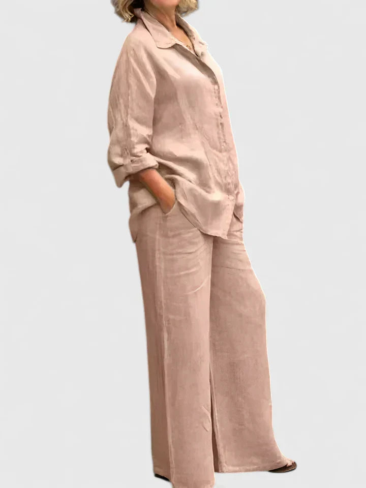 Button-Down Shirt and Wide-Leg Pants Set