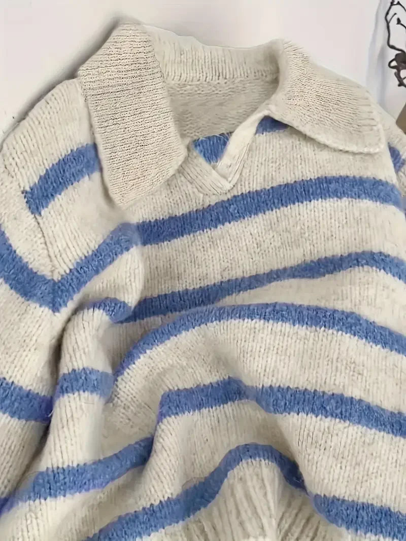 Sudadera con capucha de punto y cuello tipo polo a rayas