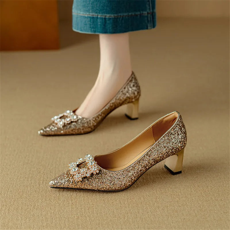 Glitter Crystal Buckle Heels