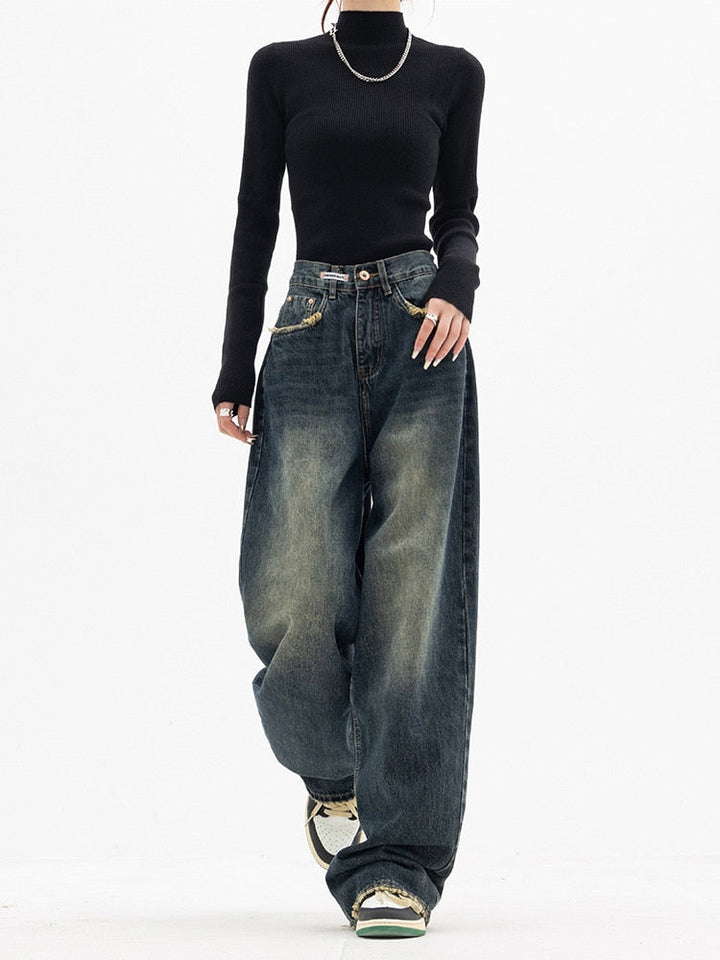 Jeans anchos modernos de pierna ancha para mujer con ajuste de talle alto