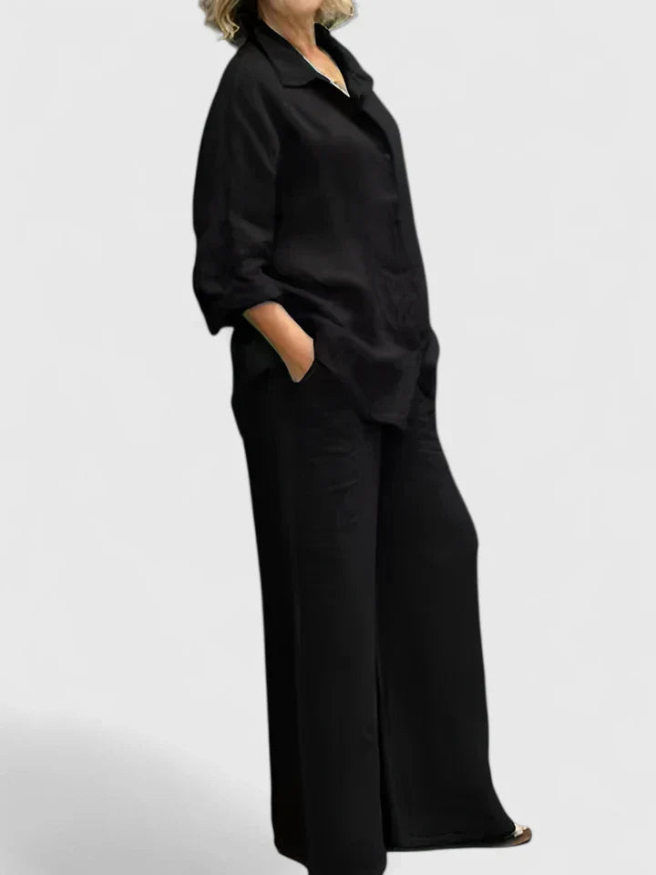 Button-Down Shirt and Wide-Leg Pants Set