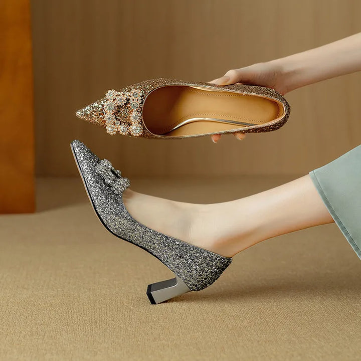 Glitter Crystal Buckle Heels