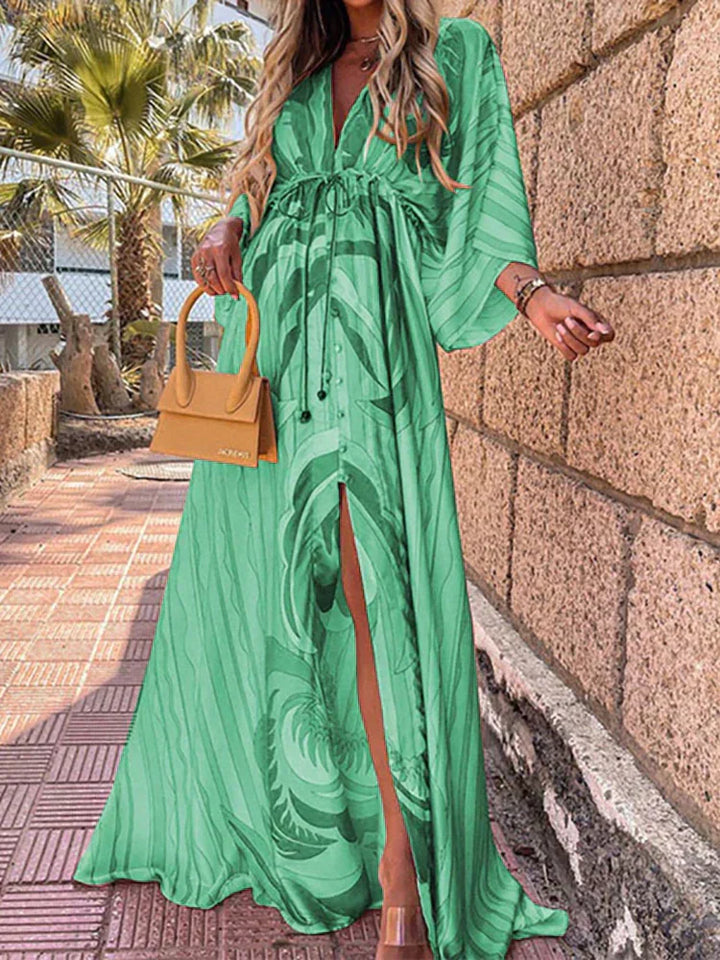 Vestido largo para mujer con estampado gráfico colorido, escote en V y mangas largas