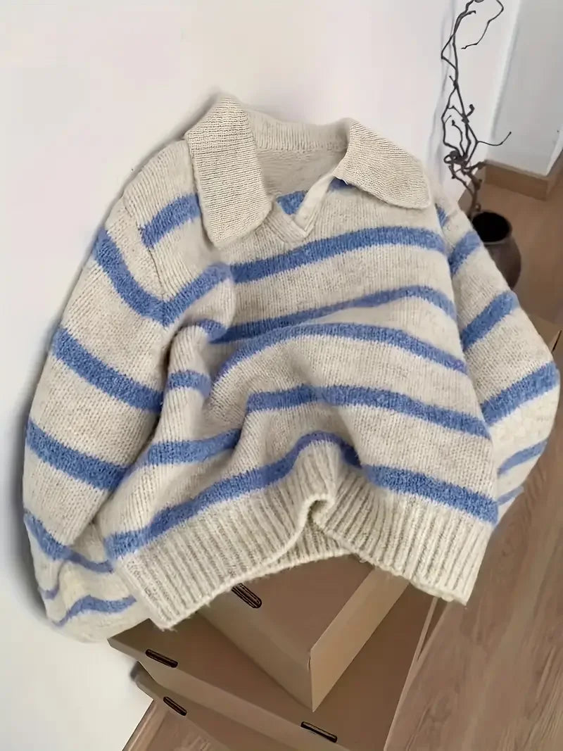 Sudadera con capucha de punto y cuello tipo polo a rayas