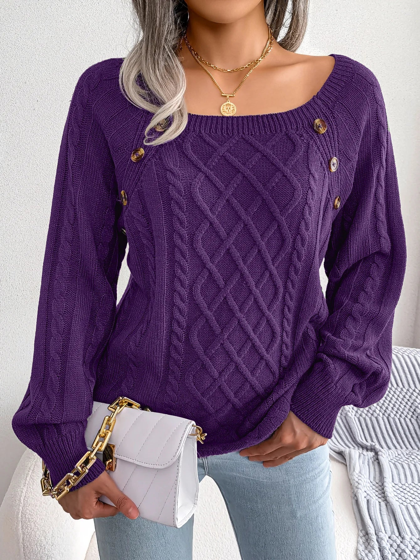 Women's Square Collar Button Detail Knit Pullover