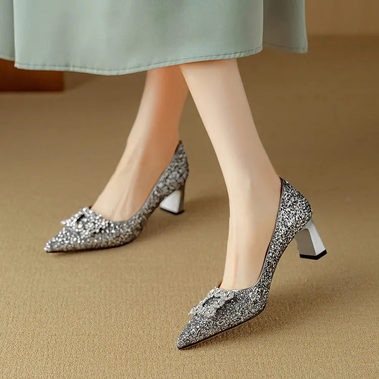 Glitter Crystal Buckle Heels