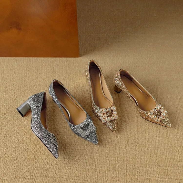 Glitter Crystal Buckle Heels