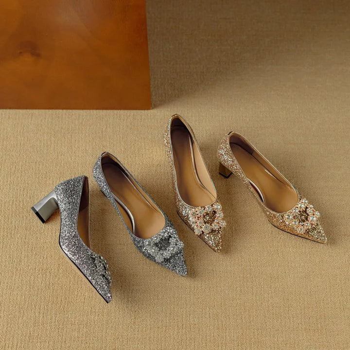 Glitter Crystal Buckle Heels