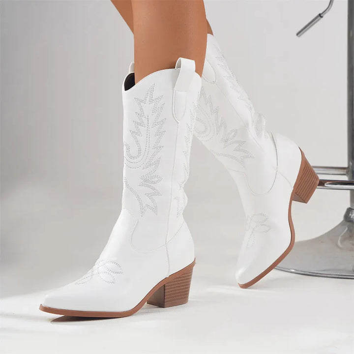 Women's Stylish Embroidered Mid-Calf Block Heel Cowboy Boots
