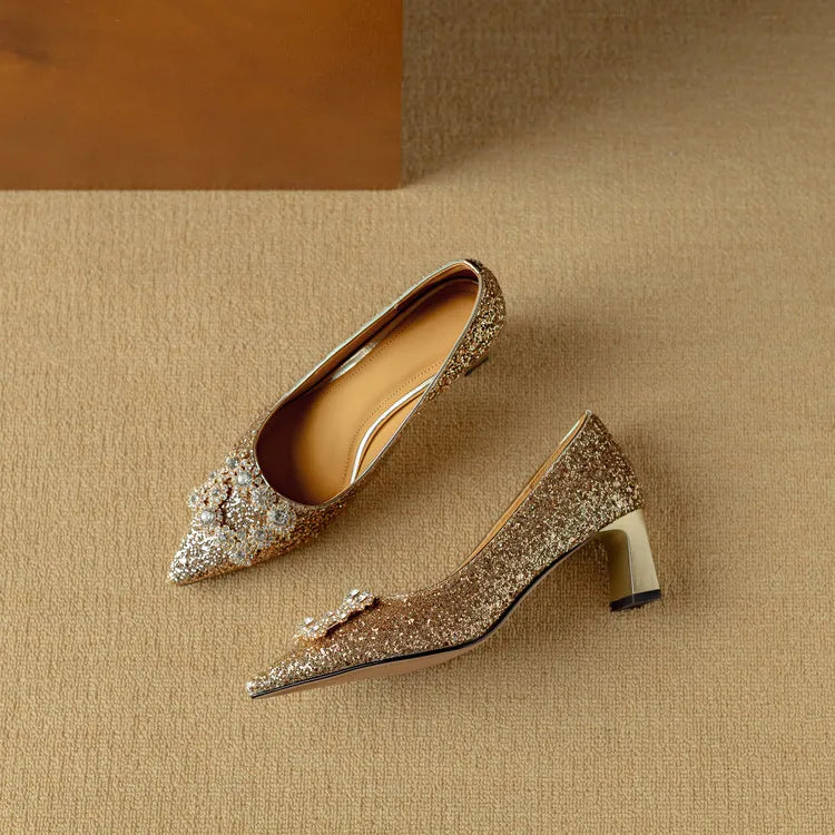 Glitter Crystal Buckle Heels