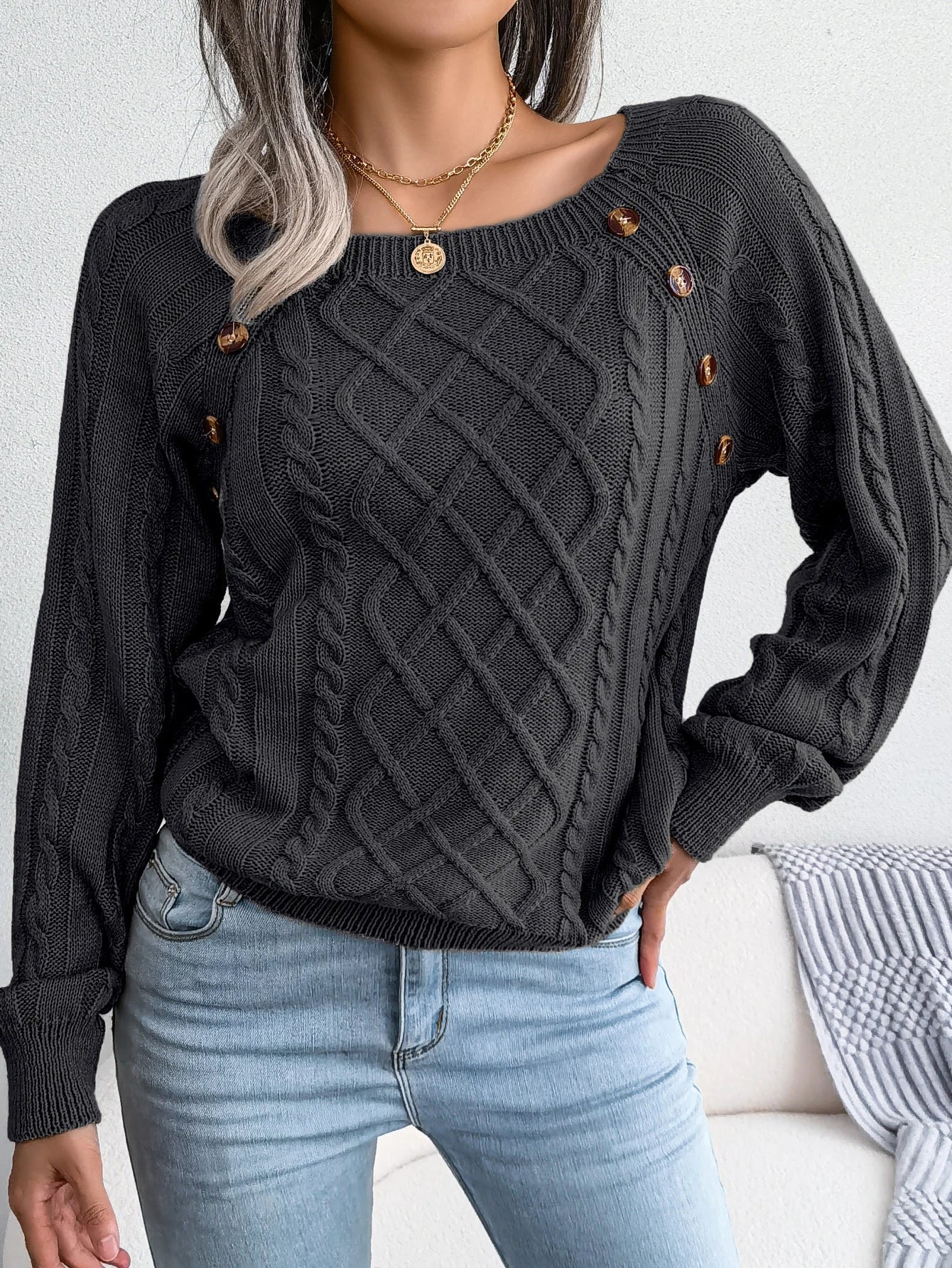 Women's Square Collar Button Detail Knit Pullover